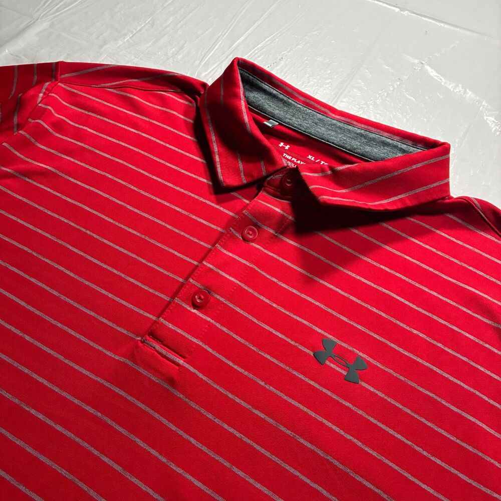 Under Armour Mens Extra Large Playoff Polo Shirt Red Striped Loose Fit Golf